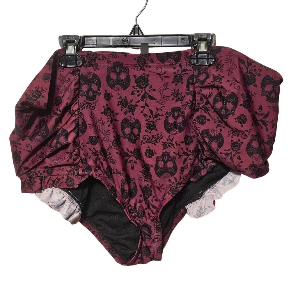 Hot Topic Maroon Sugar‎ Skull Floral High-Waisted Swim Bottoms Plus Size
